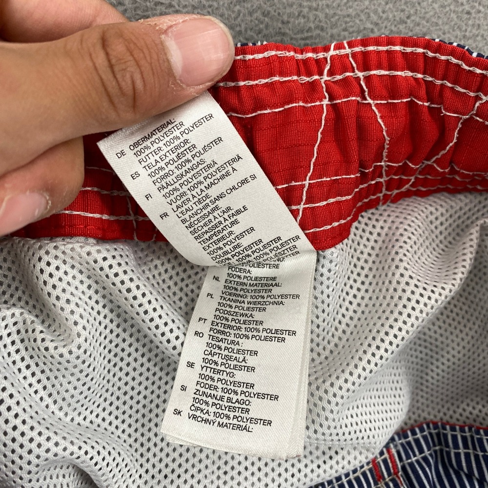 HM Mens Blue White Striped Cargo Swim Trunks Size L Board Shorts Red Accents - Picture 8 of 9